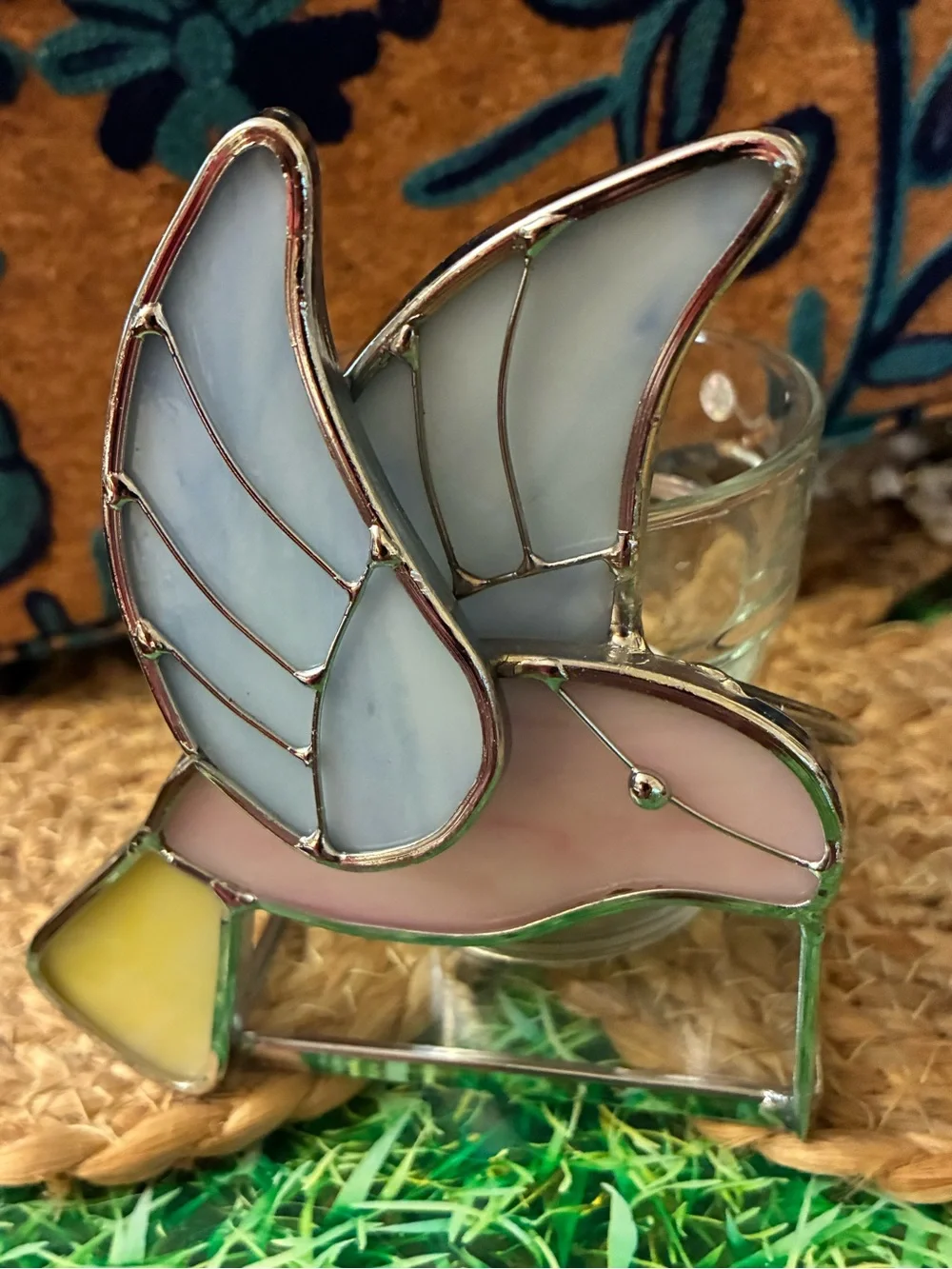 Stained Glass Bird Tealight Holder in Pink and Light Blue